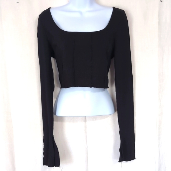 Shein Black Cropped Off-Shoulder Long Sleeve Tie-Back Top Size Medium - Picture 1 of 5